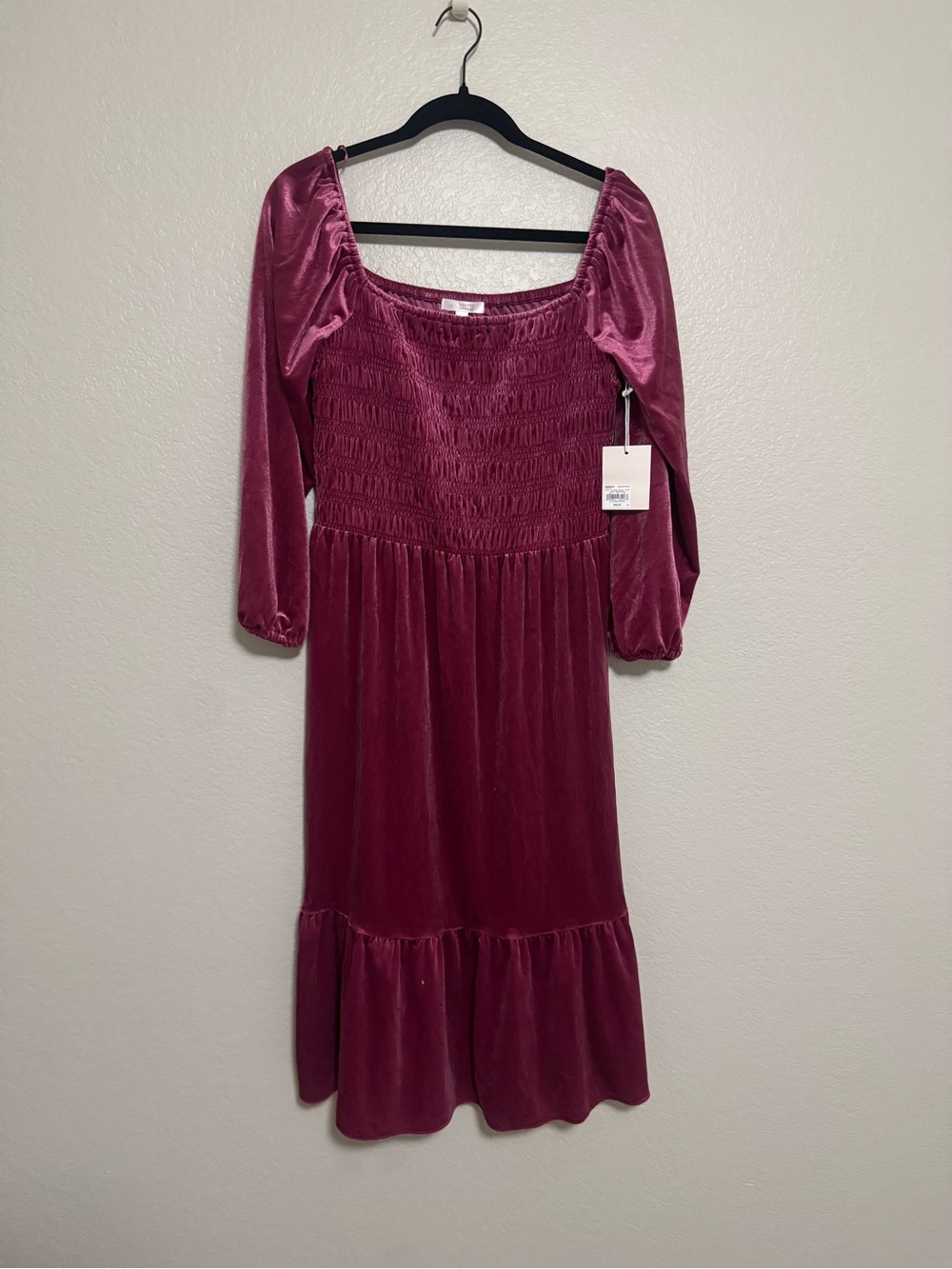 LC Lauren Conrad Velvet Smocked Midi Dress in Plum/Wine